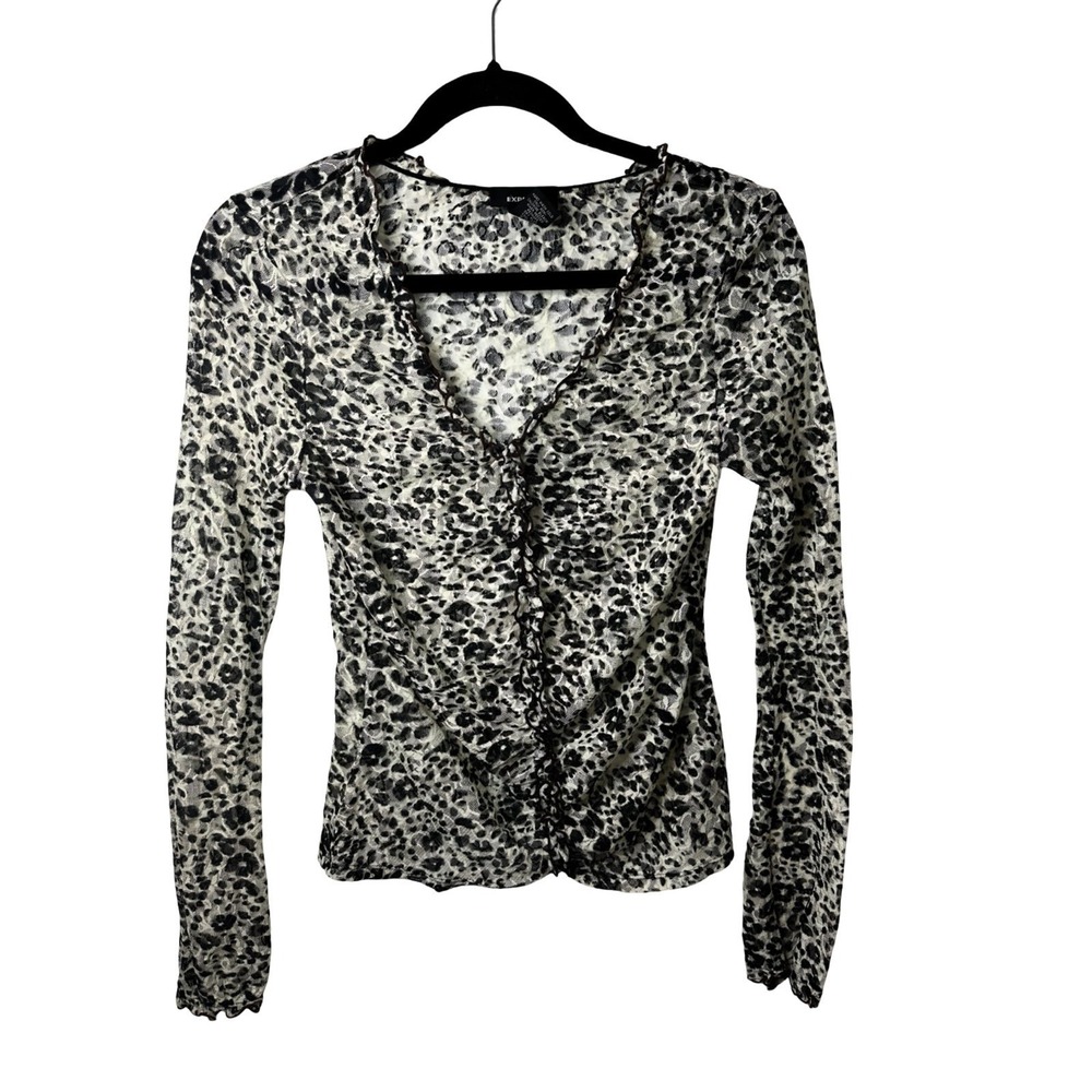 Express Black and White Leopard Print Ruffle Wrap Blouse